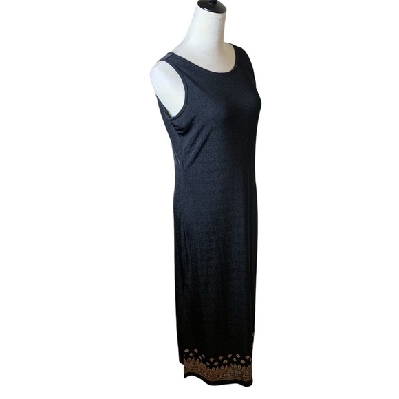90s Reflections by Spiegel Black Gold Boho Maxi Dress M | Slinky Minimalist Chic - Picture 4 of 8